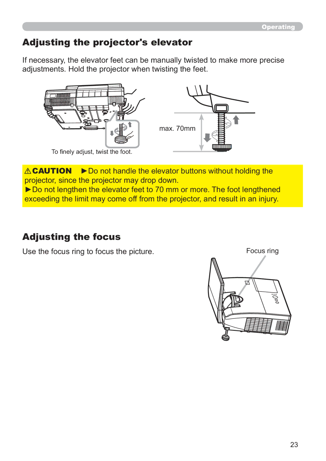 Hitachi ED-AW110N user manual Adjusting the projectors elevator, Adjusting the focus, PdPp 