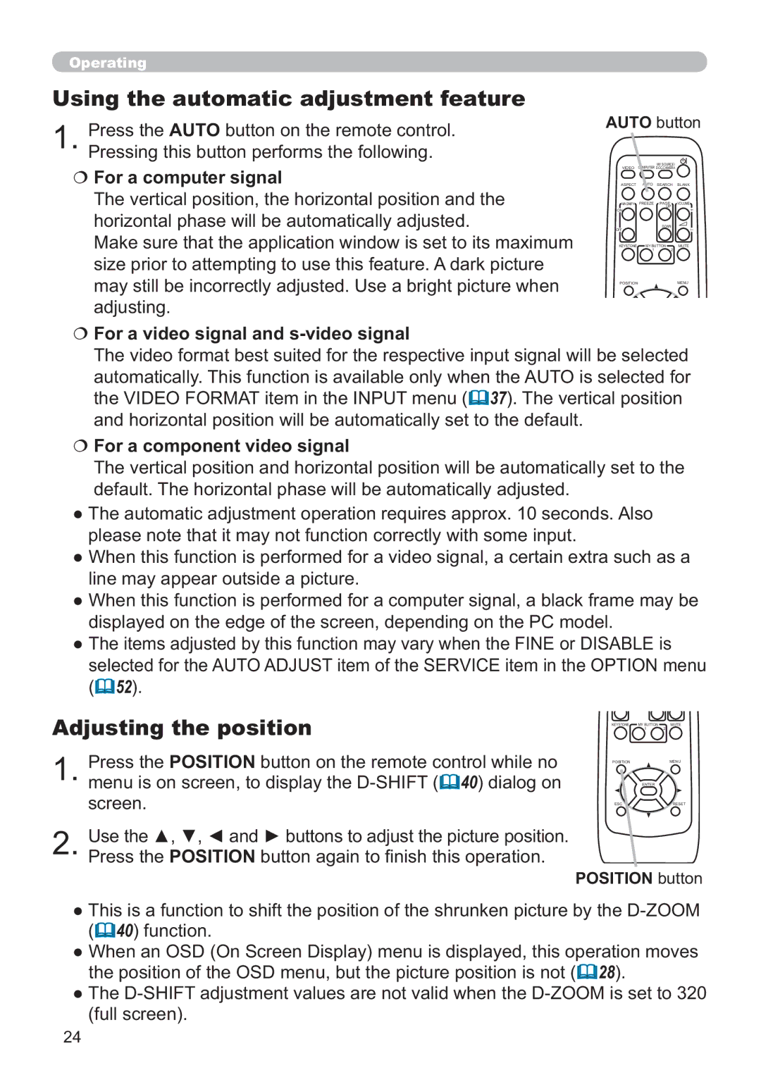 Hitachi ED-AW110N user manual Using the automatic adjustment feature, Adjusting the position, €For a computer signal 