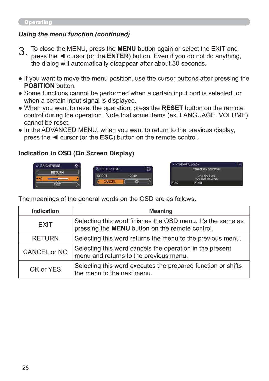 Hitachi ED-AW110N Using the menu function, Indication in OSD On Screen Display, PhqxDqgUhwxuqvWrWkhSuhylrxvPhqx 