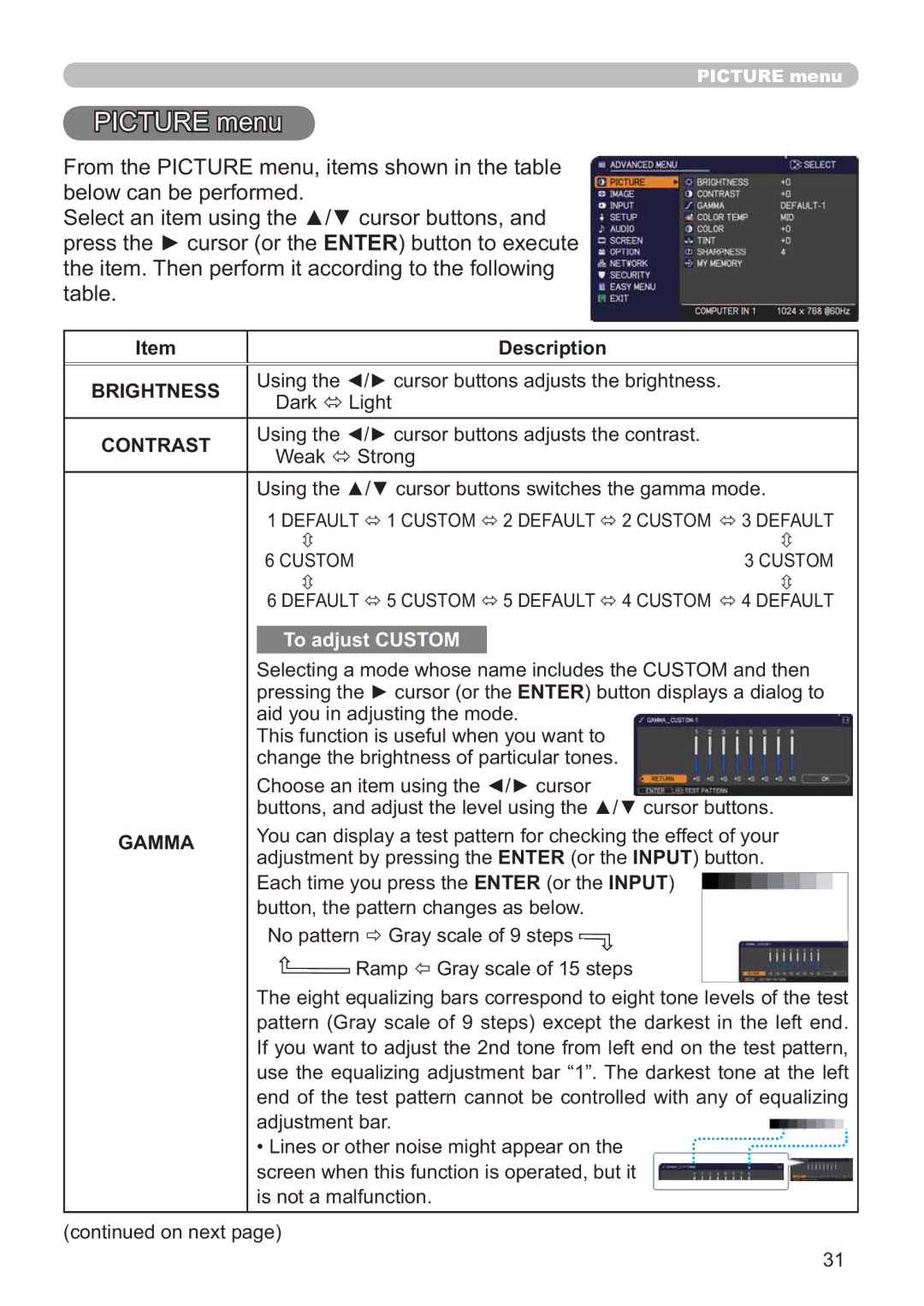 Hitachi ED-AW110N user manual Wdeoh, Brightness, Contrast, Gamma 