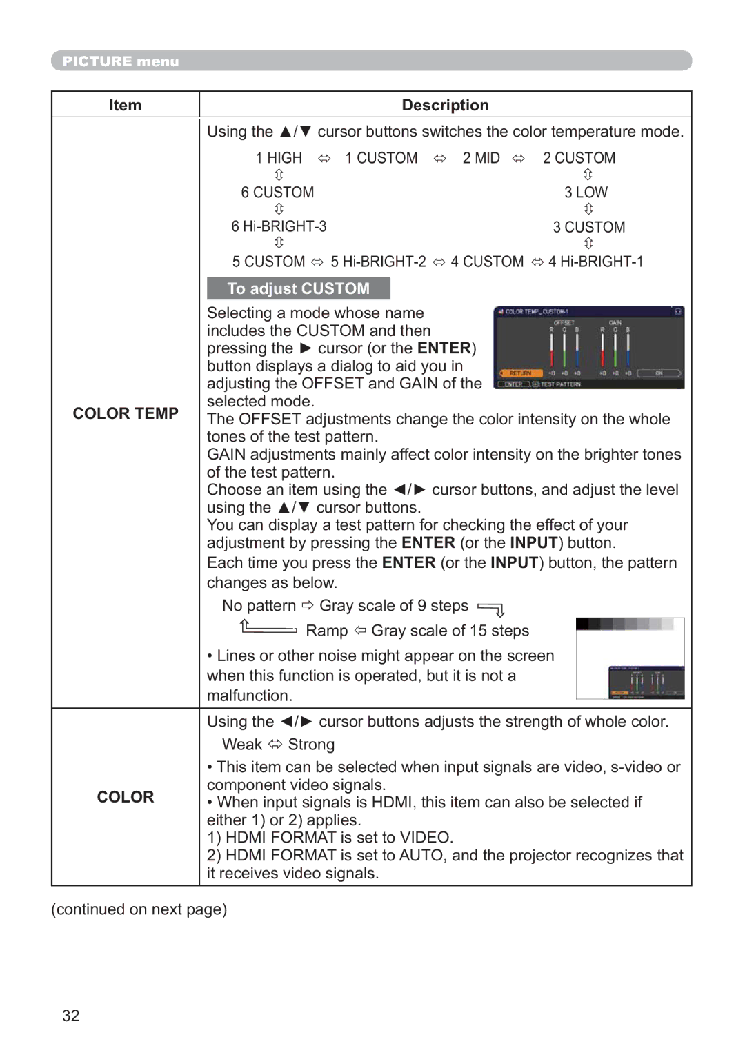 Hitachi ED-AW110N user manual Color Temp 