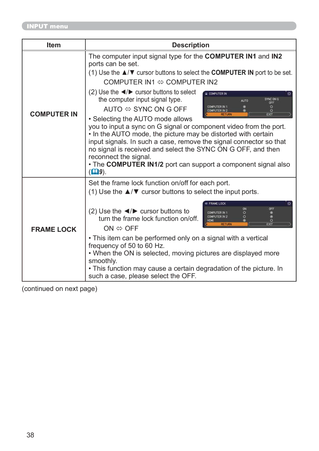 Hitachi ED-AW110N user manual Computer, Frame Lock 