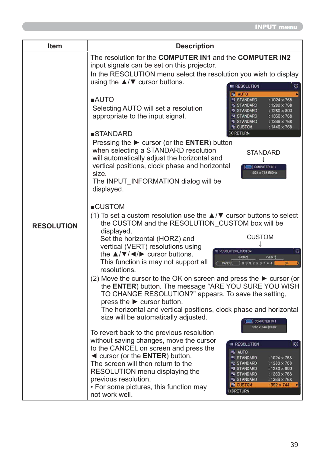 Hitachi ED-AW110N user manual LqsxwVljqdovFdqEhVhwRqWklvSurmhfwru, Resolution, Glvsod\Hg, Uhvroxwlrqv 