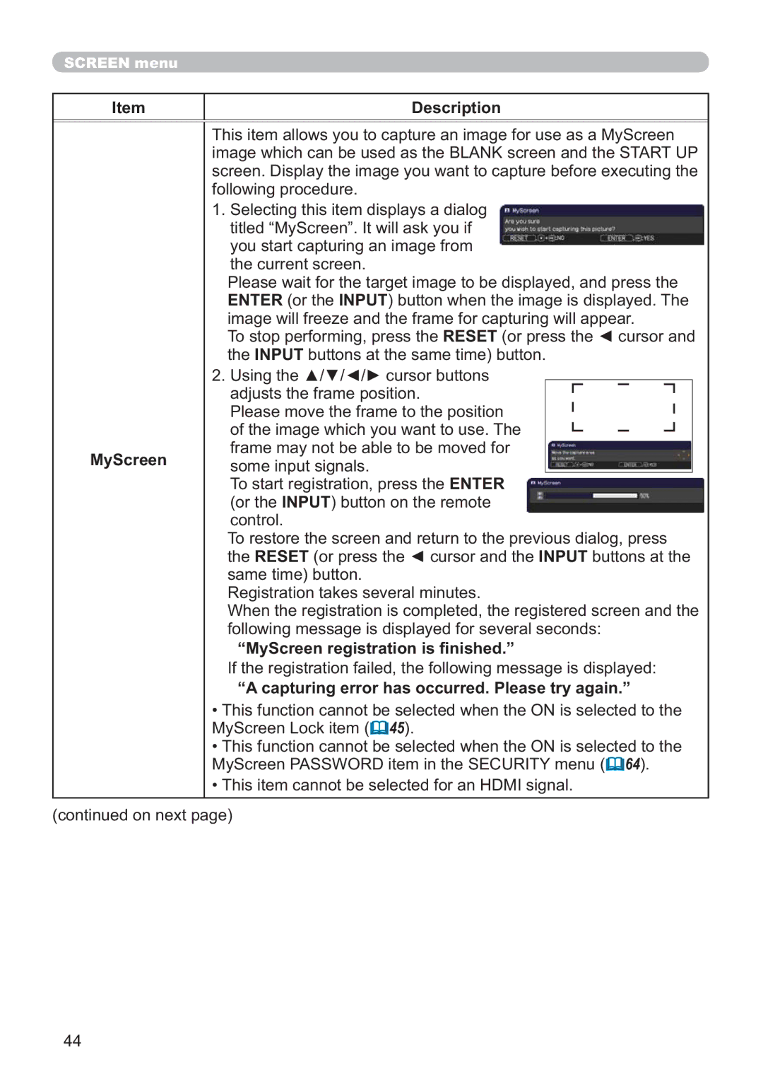 Hitachi ED-AW110N user manual MyScreen, ³0\6FUHHQUHJLVWUDWLRQLV¿QLVKHG´ 