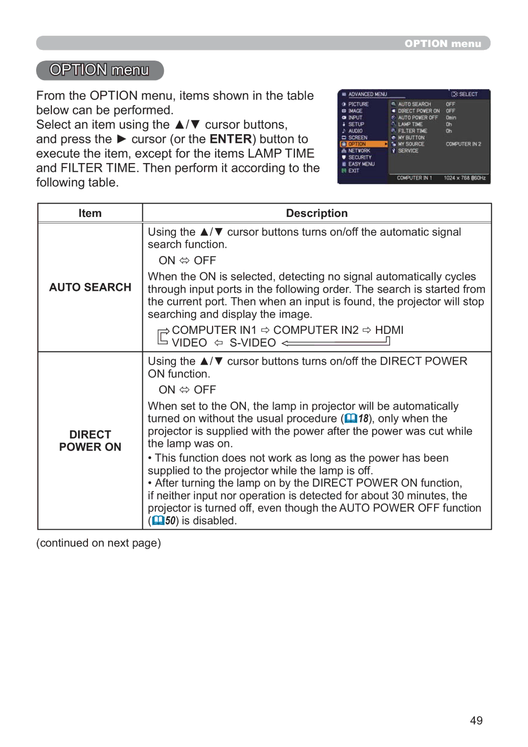 Hitachi ED-AW110N user manual IroorzlqjWdeoh, Auto Search, Direct, Power on 