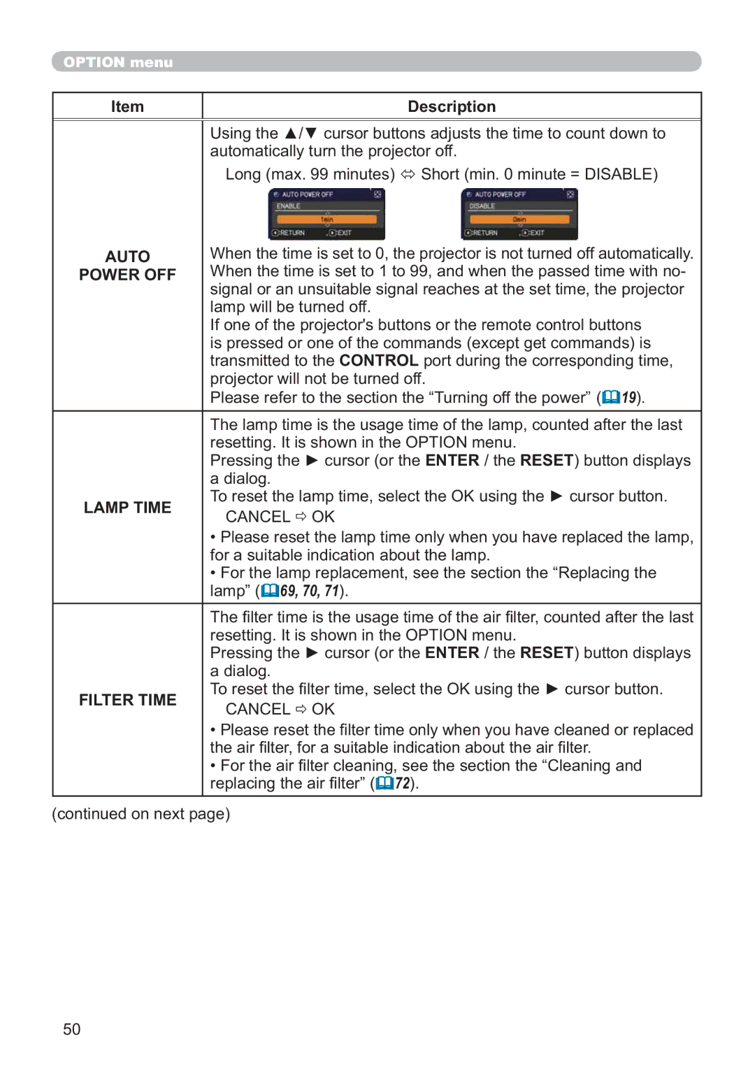 Hitachi ED-AW110N user manual Auto, Power OFF, Lamp Time, Filter Time 