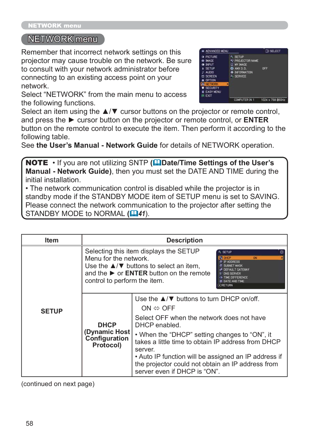 Hitachi ED-AW110N user manual LqlwldoLqvwdoodwlrq, Setup, Dhcp, Dynamic Host, Protocol 