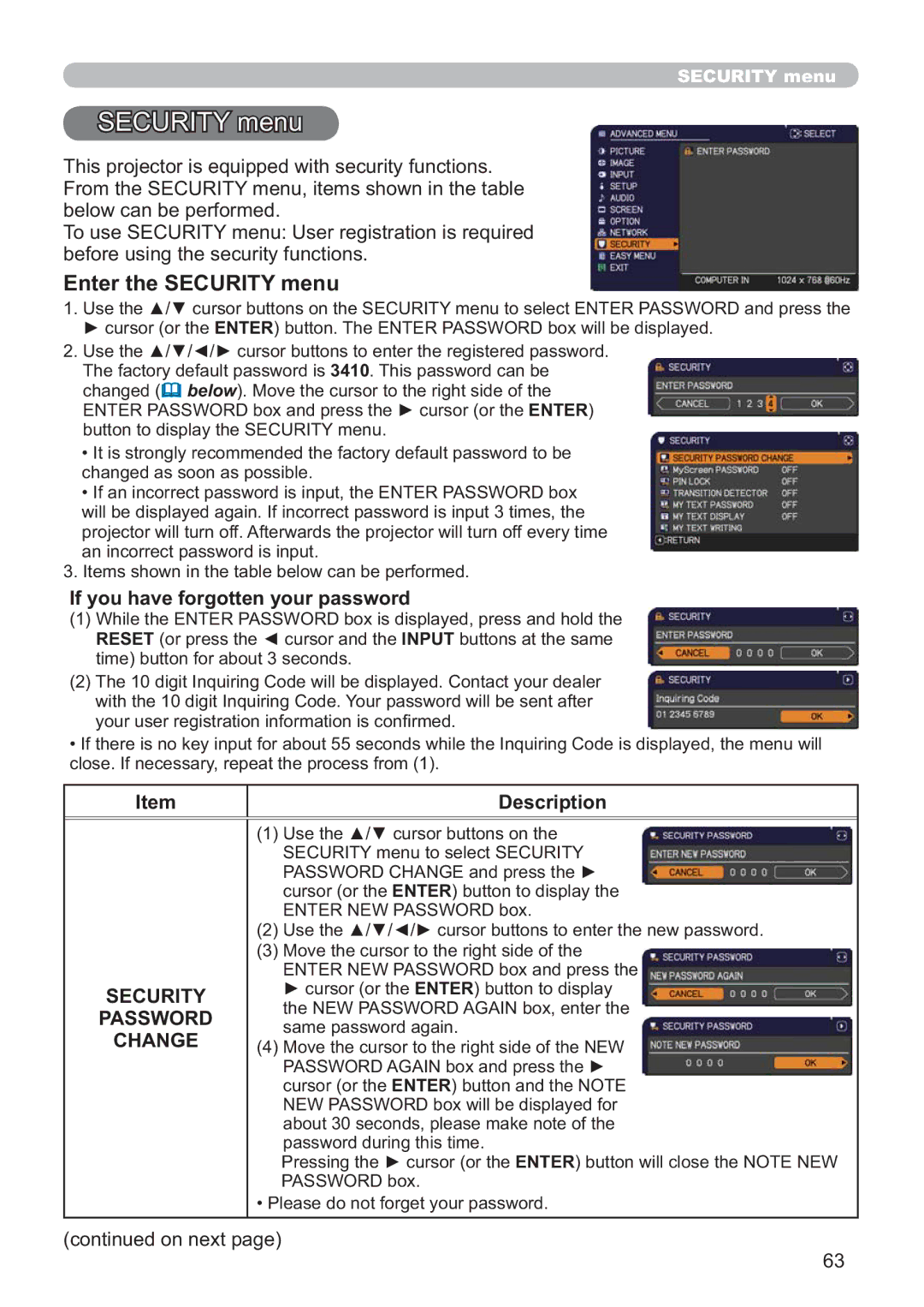 Hitachi ED-AW110N user manual Enter the Security menu, If you have forgotten your password, Password, Change 