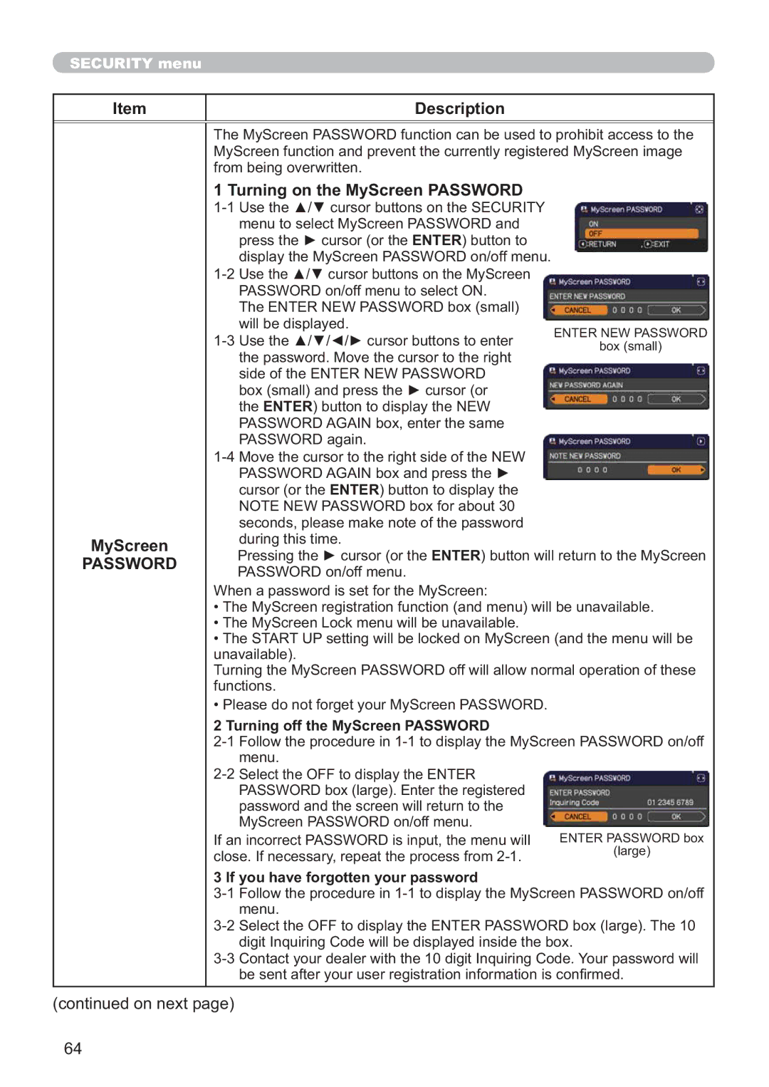 Hitachi ED-AW110N user manual Description MyScreen, Turning on the MyScreen Password 