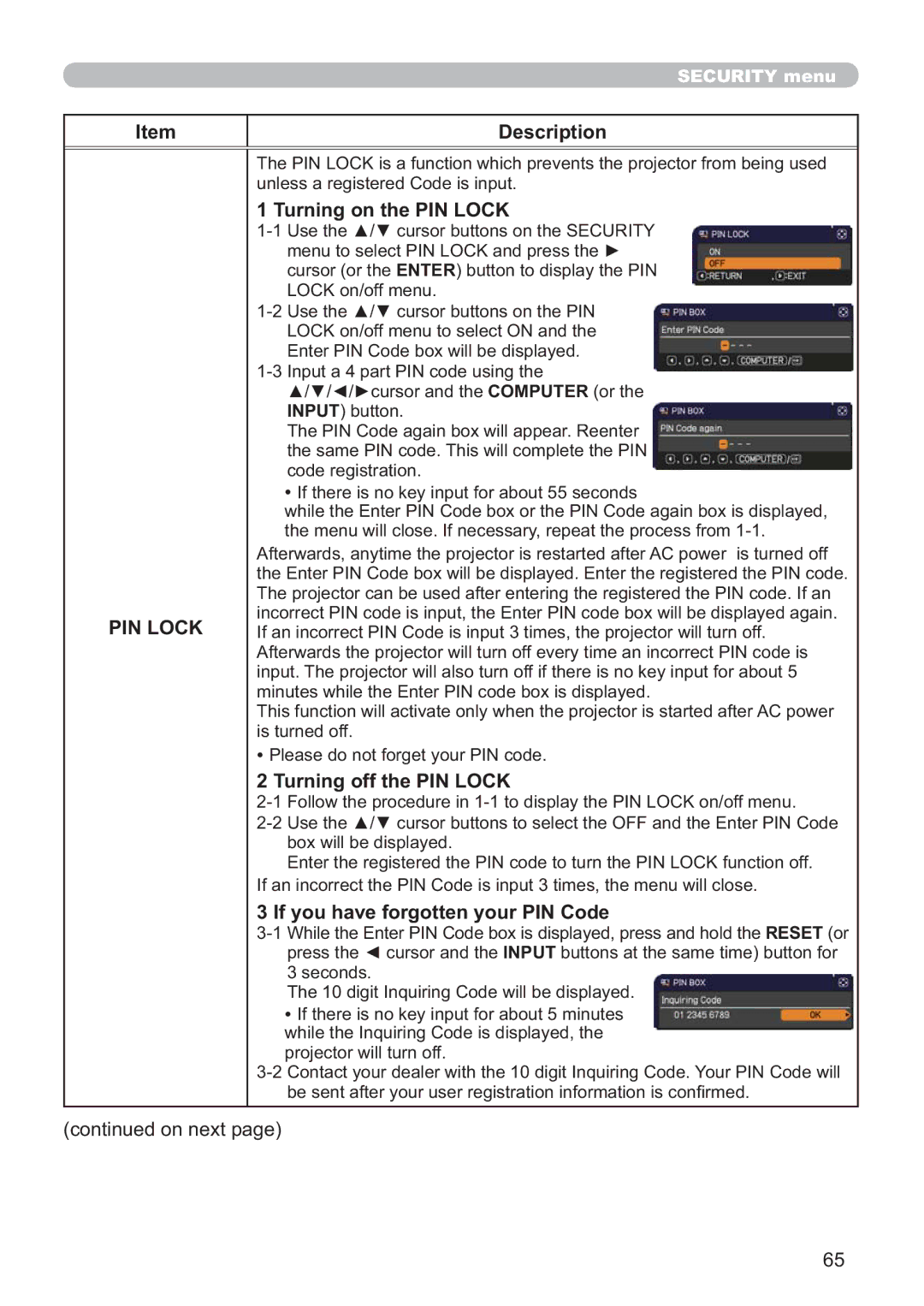 Hitachi ED-AW110N user manual Turning on the PIN Lock, Turning off the PIN Lock, If you have forgotten your PIN Code 