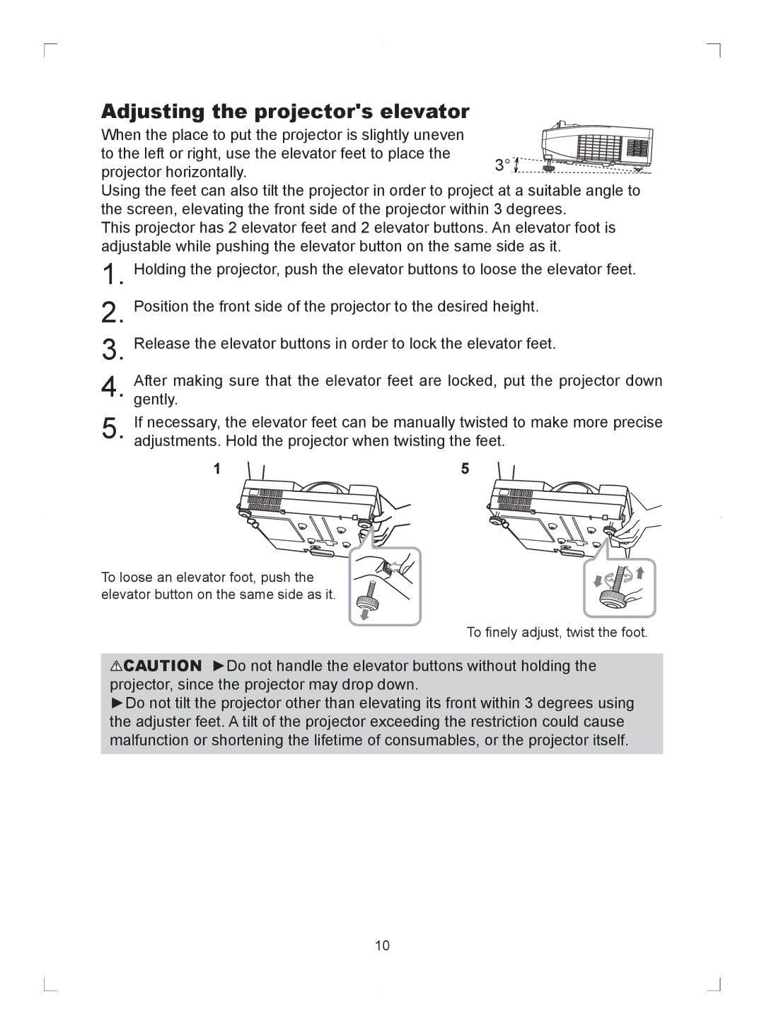 Hitachi ED-D11N user manual Adjusting the projectors elevator 