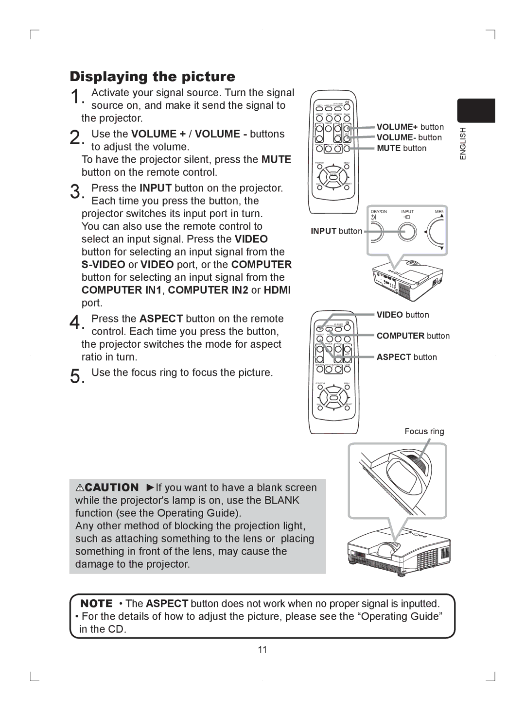 Hitachi ED-D11N user manual Displaying the picture, VOLUME- button 