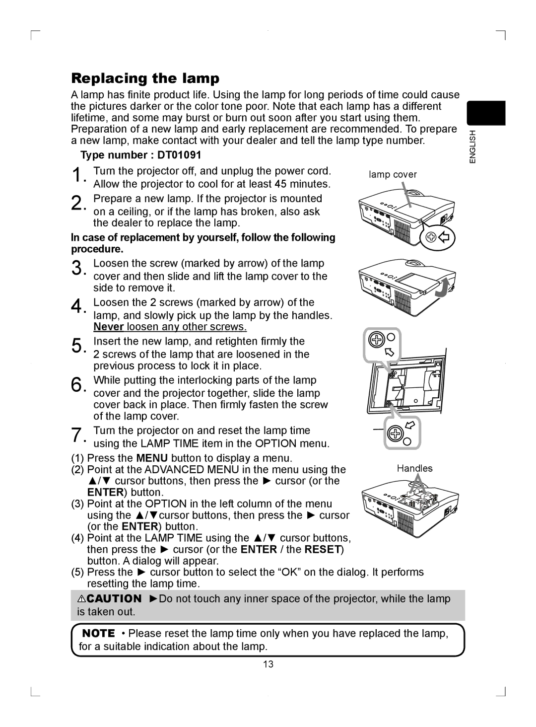 Hitachi ED-D11N user manual Replacing the lamp, Type number DT01091 