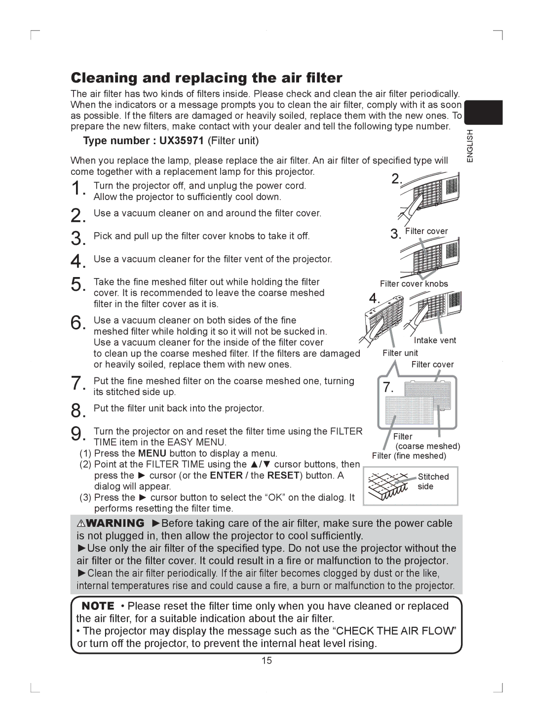 Hitachi ED-D11N user manual Cleaning and replacing the air filter, Type number UX35971 Filter unit 