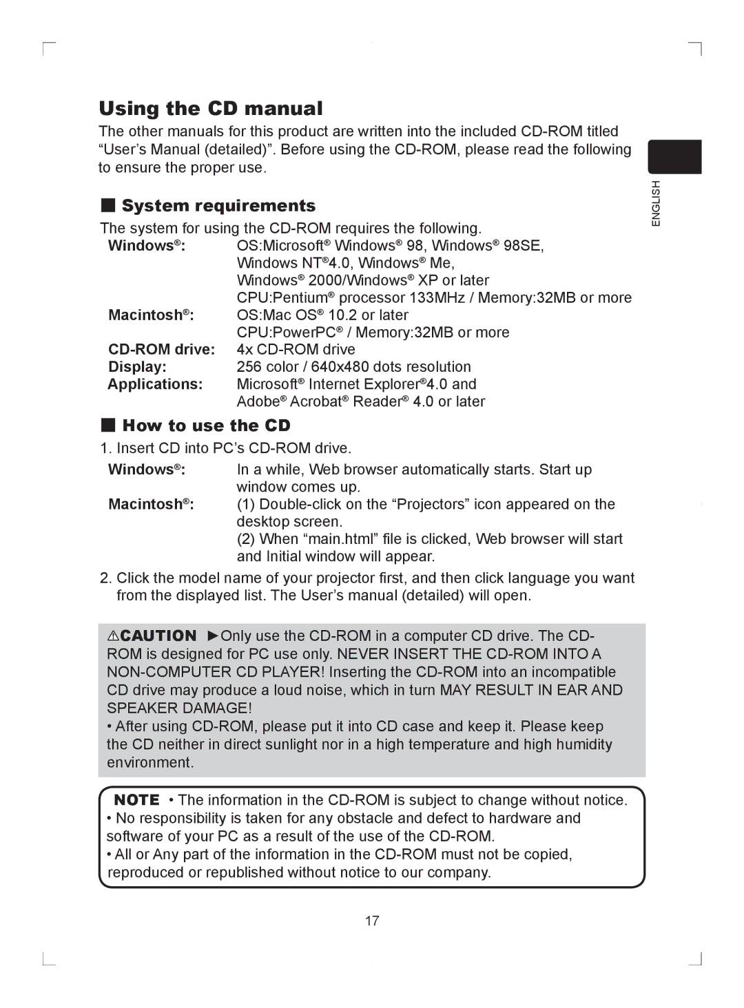 Hitachi ED-D11N user manual Using the CD manual, System requirements 