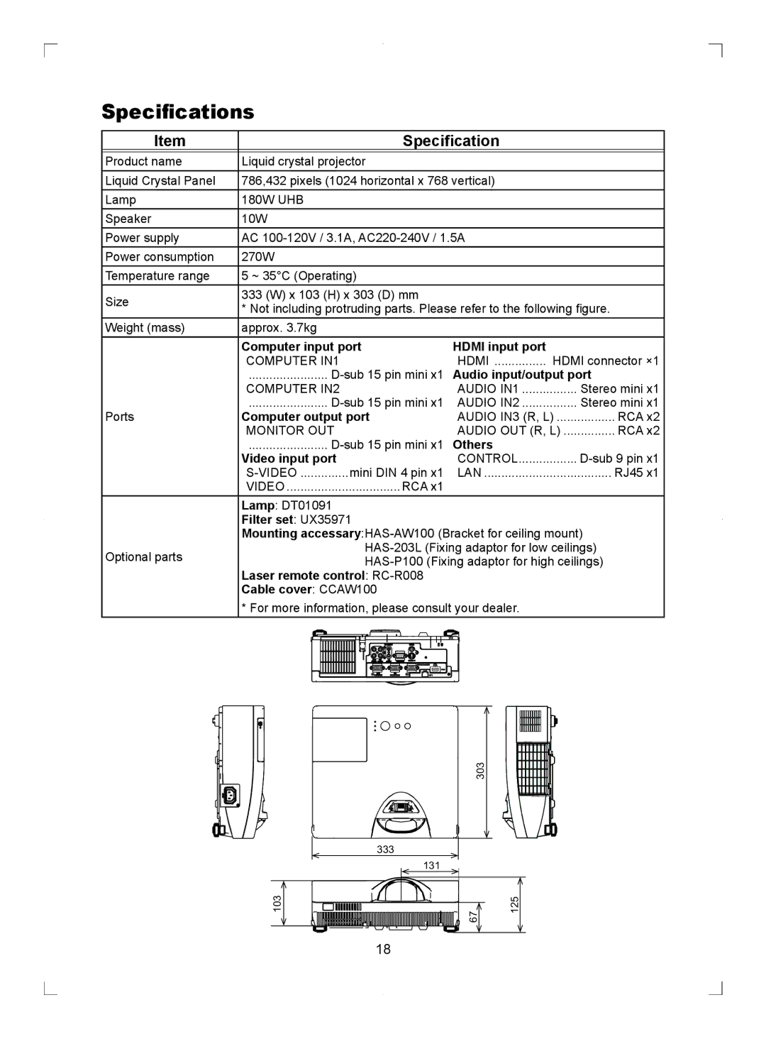 Hitachi ED-D11N user manual Specifications 