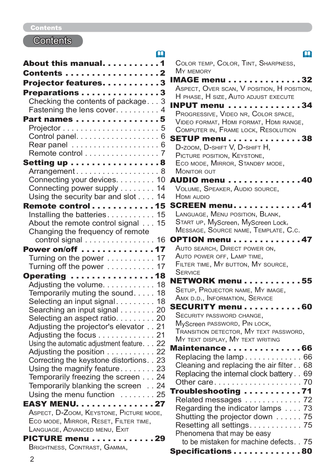 Hitachi ED-D11N user manual Rqwhqwv, Easy Menu 