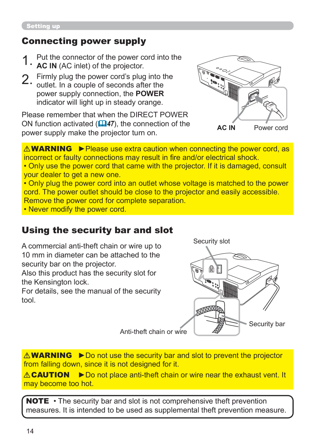 Hitachi ED-D11N Connecting power supply, Using the security bar and slot, 3OHDVHUHPHPEHUWKDWZKHQWKH,5&7325 