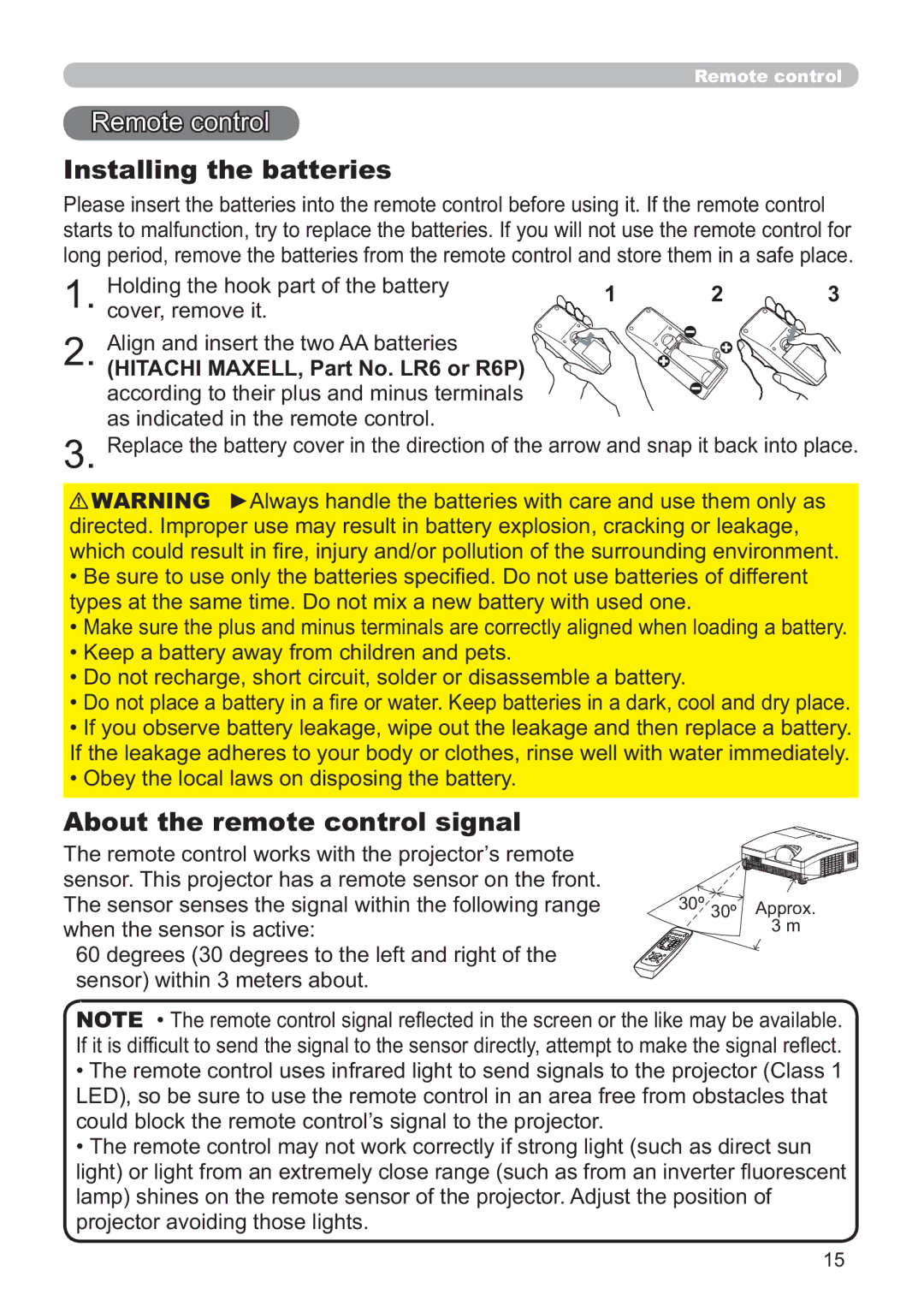 Hitachi ED-D11N user manual 5HPRWHFRQWURO, Installing the batteries, About the remote control signal 