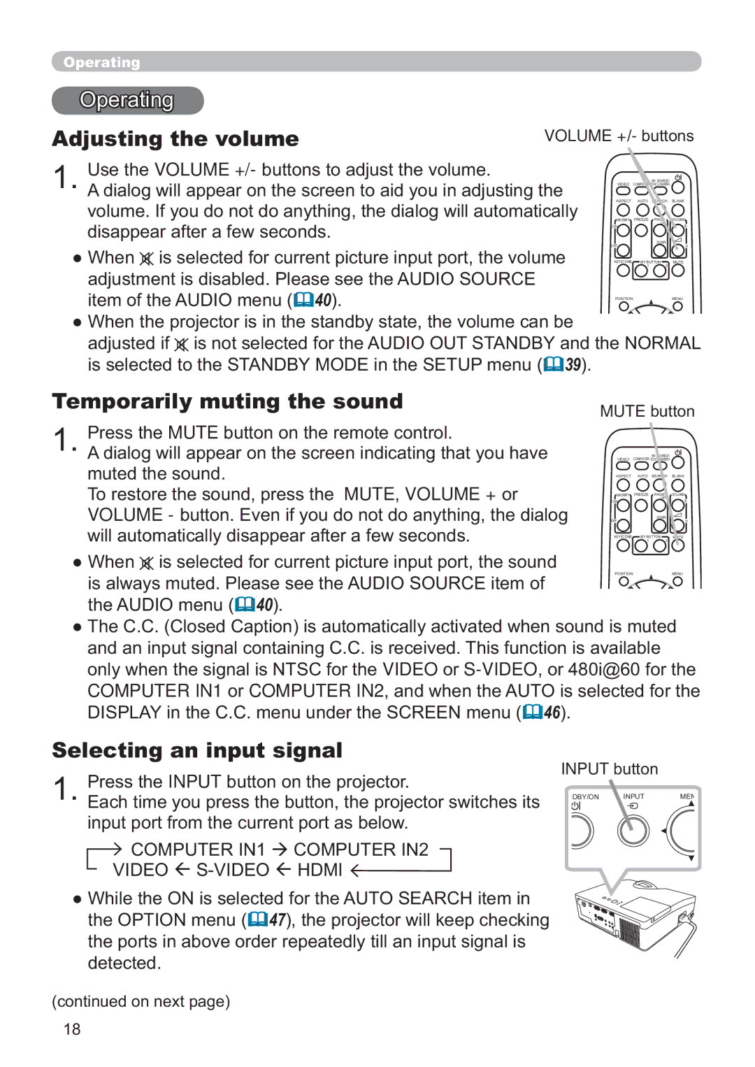 Hitachi ED-D11N user manual 2SHUDWLQJ, Adjusting the volume, Temporarily muting the sound, Selecting an input signal 