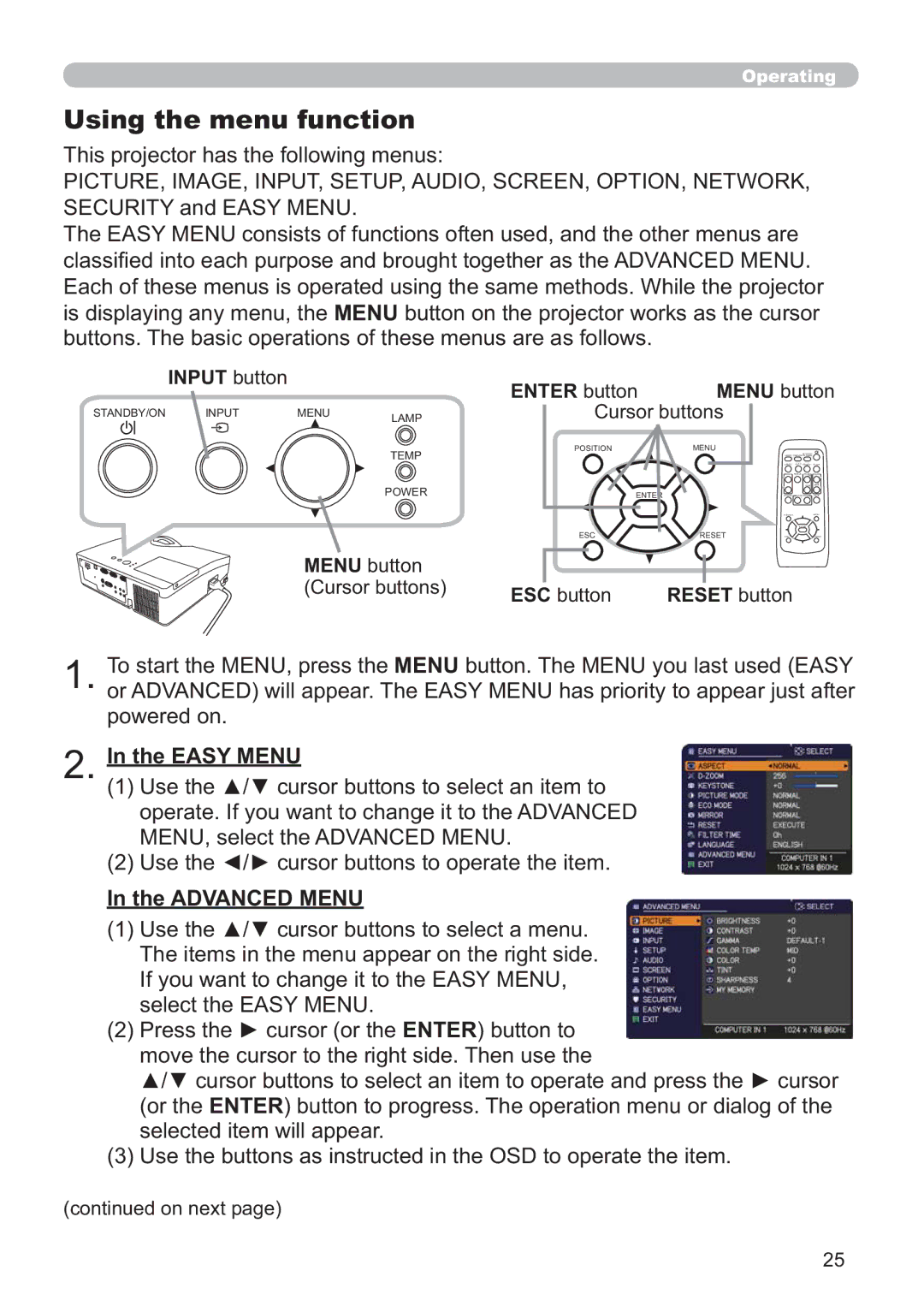 Hitachi ED-D11N user manual Using the menu function, Advanced Menu 