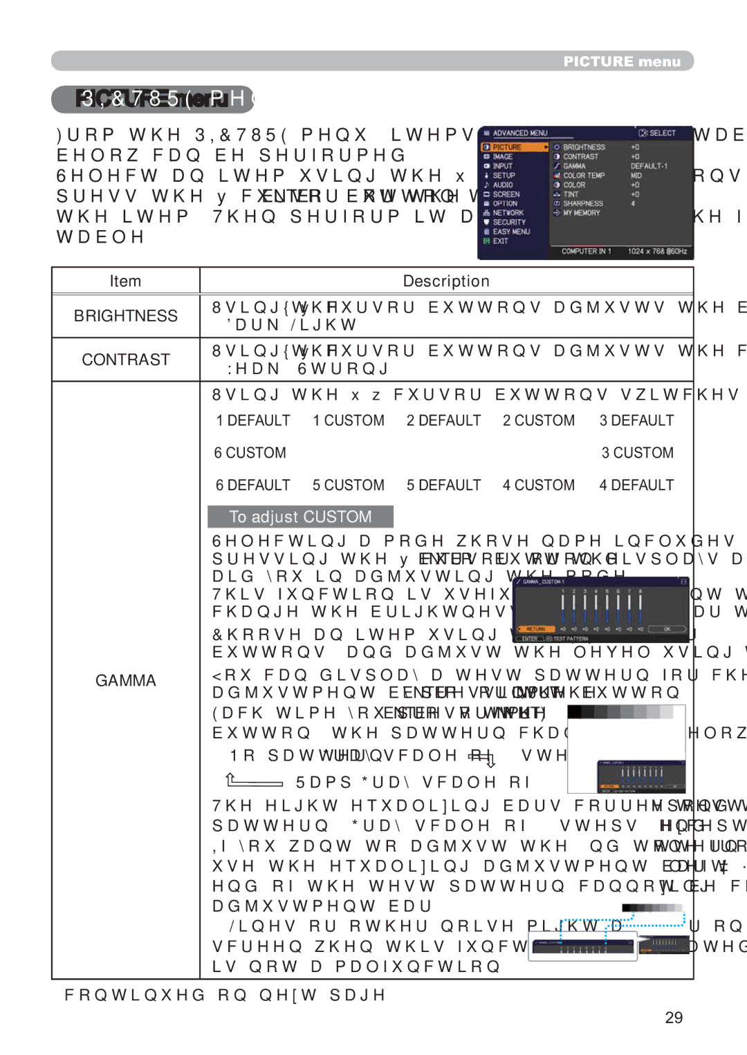 Hitachi ED-D11N user manual Wdeoh, Brightness, Contrast, Gamma 