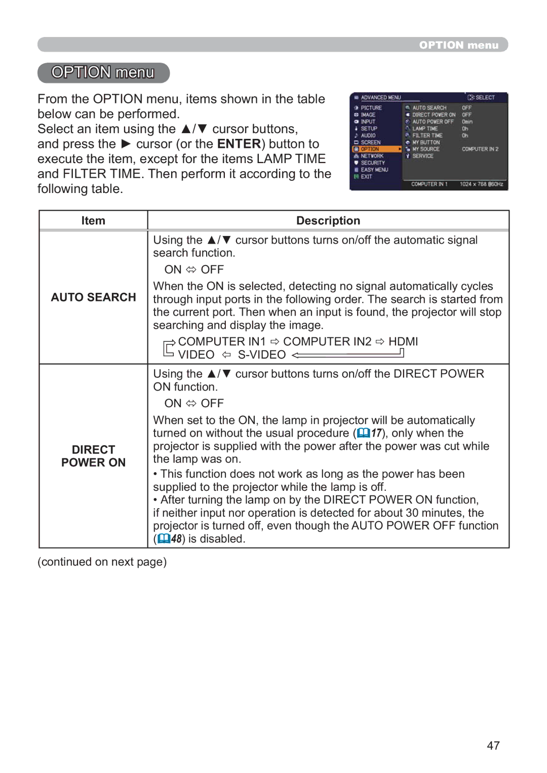 Hitachi ED-D11N user manual IroorzlqjWdeoh, Auto Search, Direct, Power on 