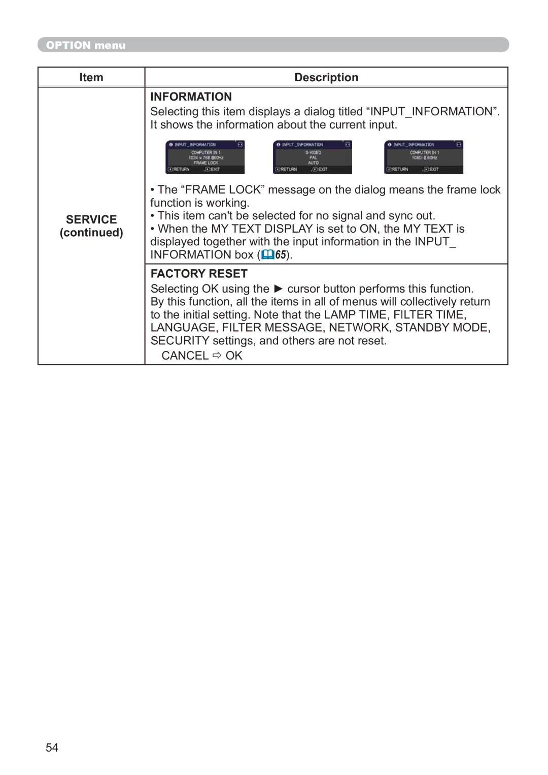 Hitachi ED-D11N user manual Information, Factory Reset 