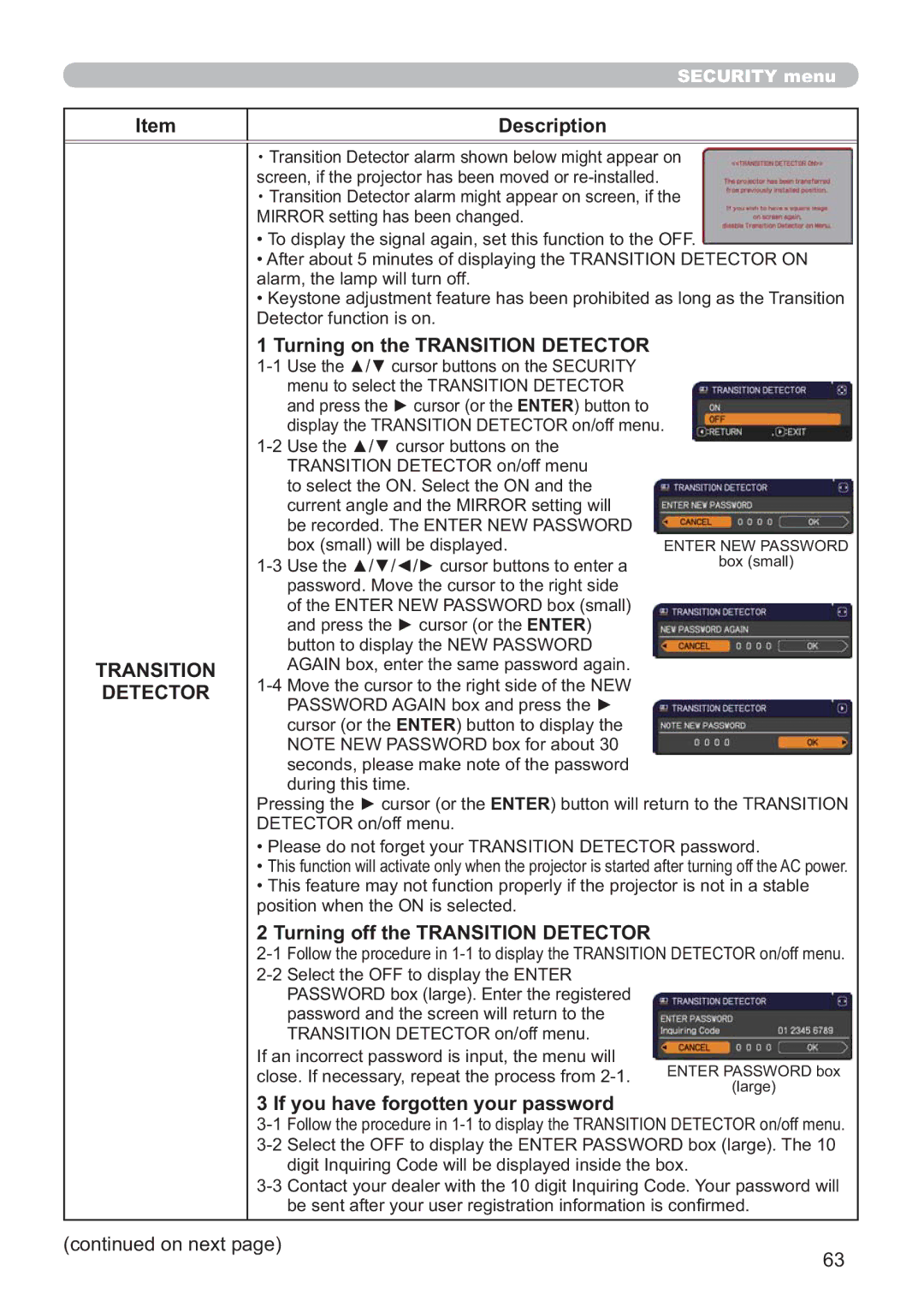 Hitachi ED-D11N user manual Turning on the Transition Detector, Turning off the Transition Detector 