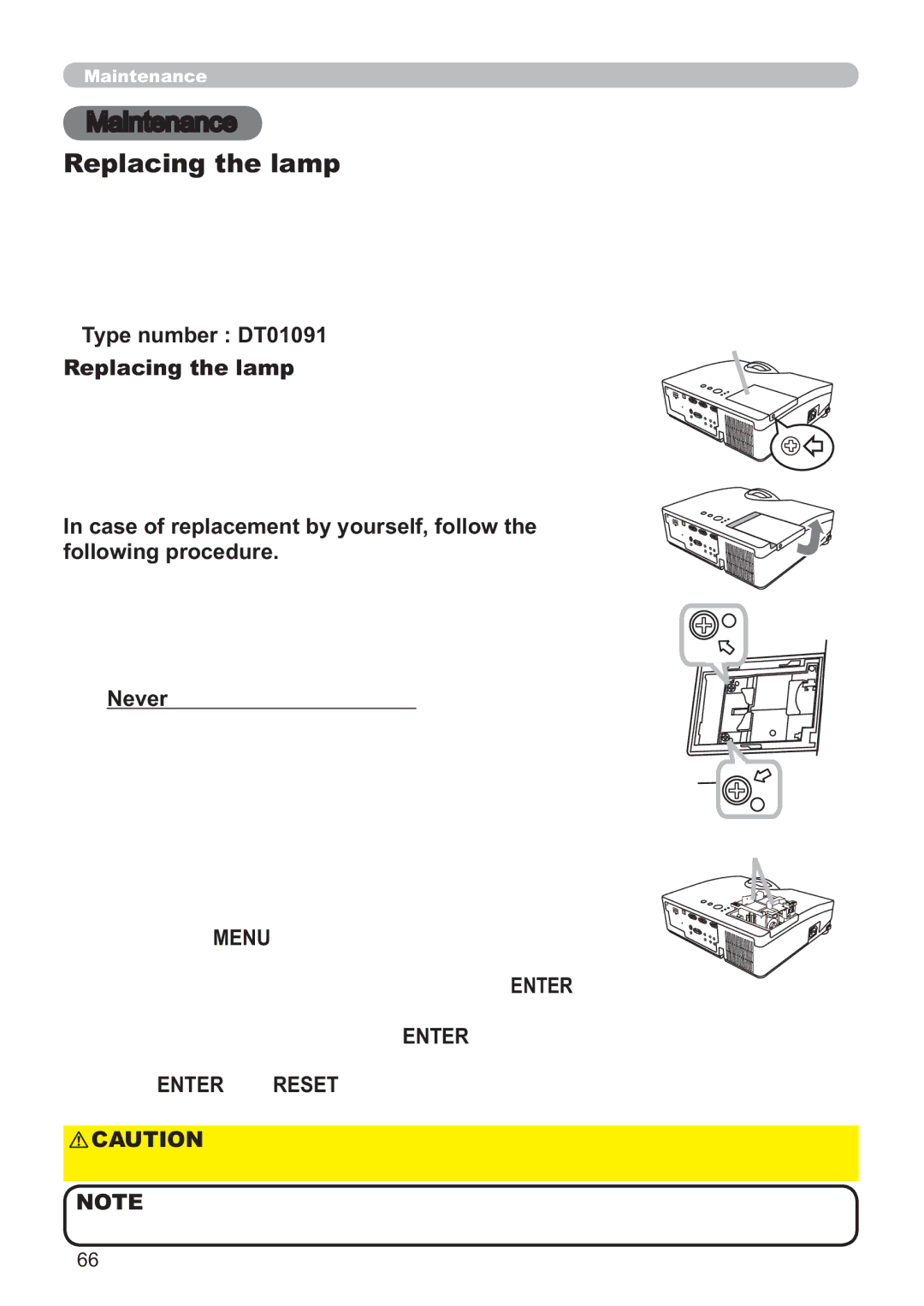 Hitachi ED-D11N user manual 0DLQWHQDQFH, Type number DT01091 Replacing the lamp, GhdohuWrUhsodfhWkhOdps 