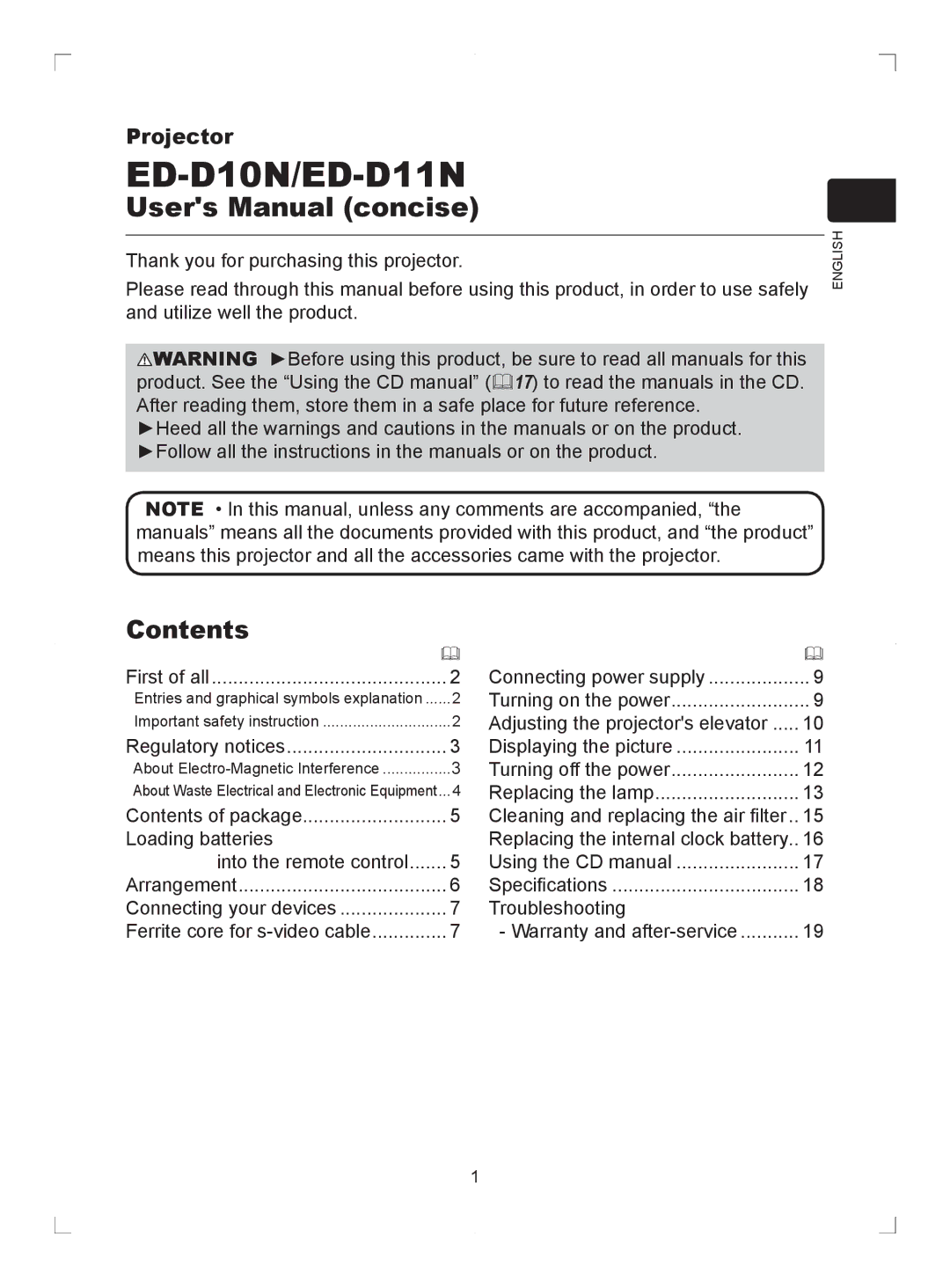 Hitachi user manual ED-D10N/ED-D11N, Contents 