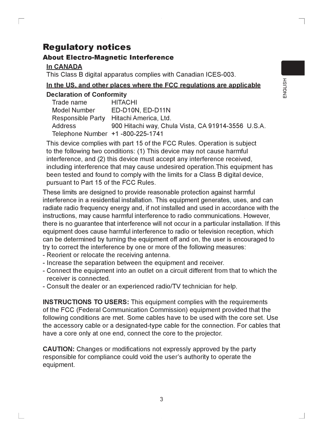 Hitachi ED-D11N user manual Regulatory notices, Hitachi 