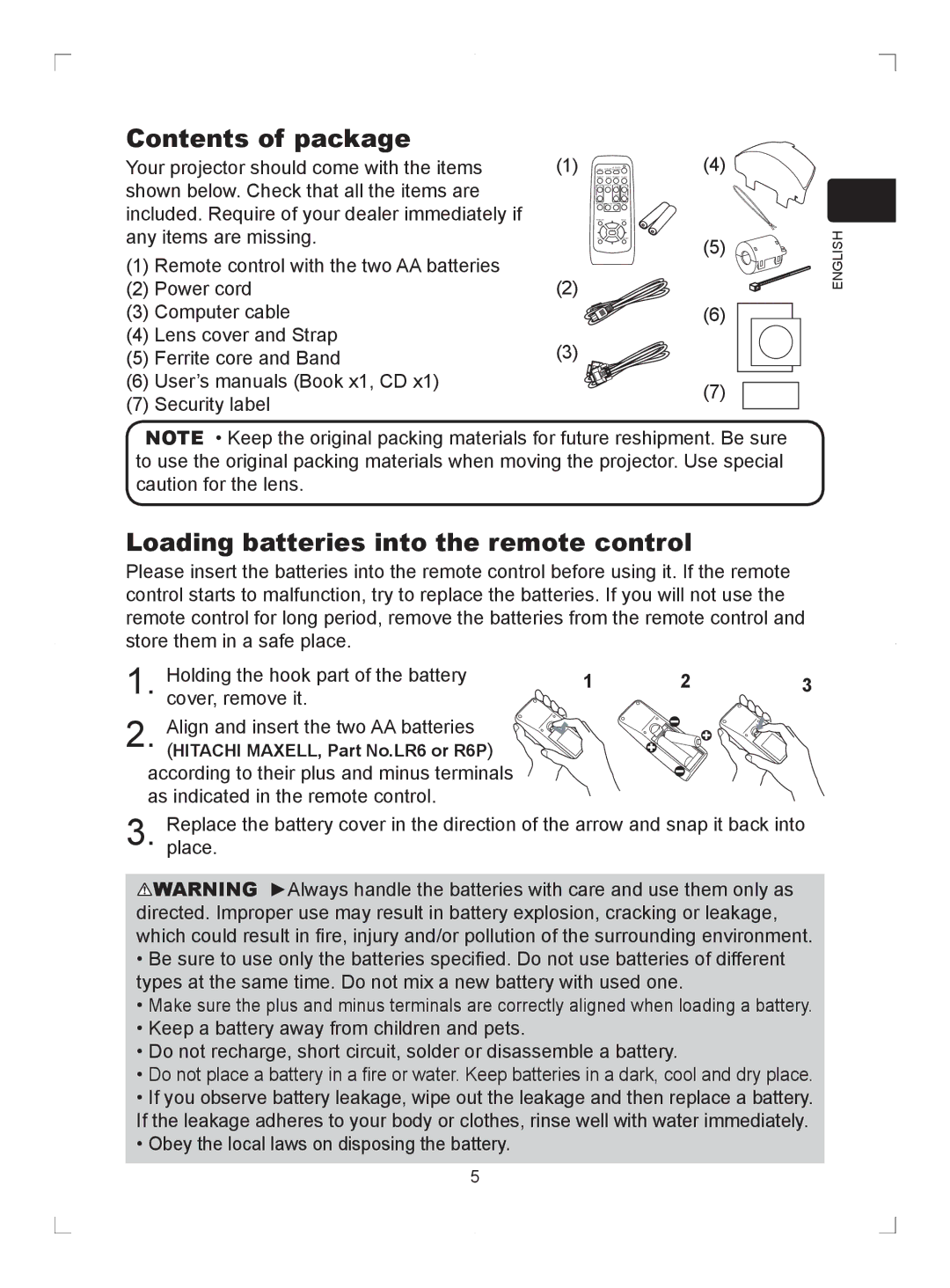 Hitachi ED-D11N user manual Contents of package, Loading batteries into the remote control 