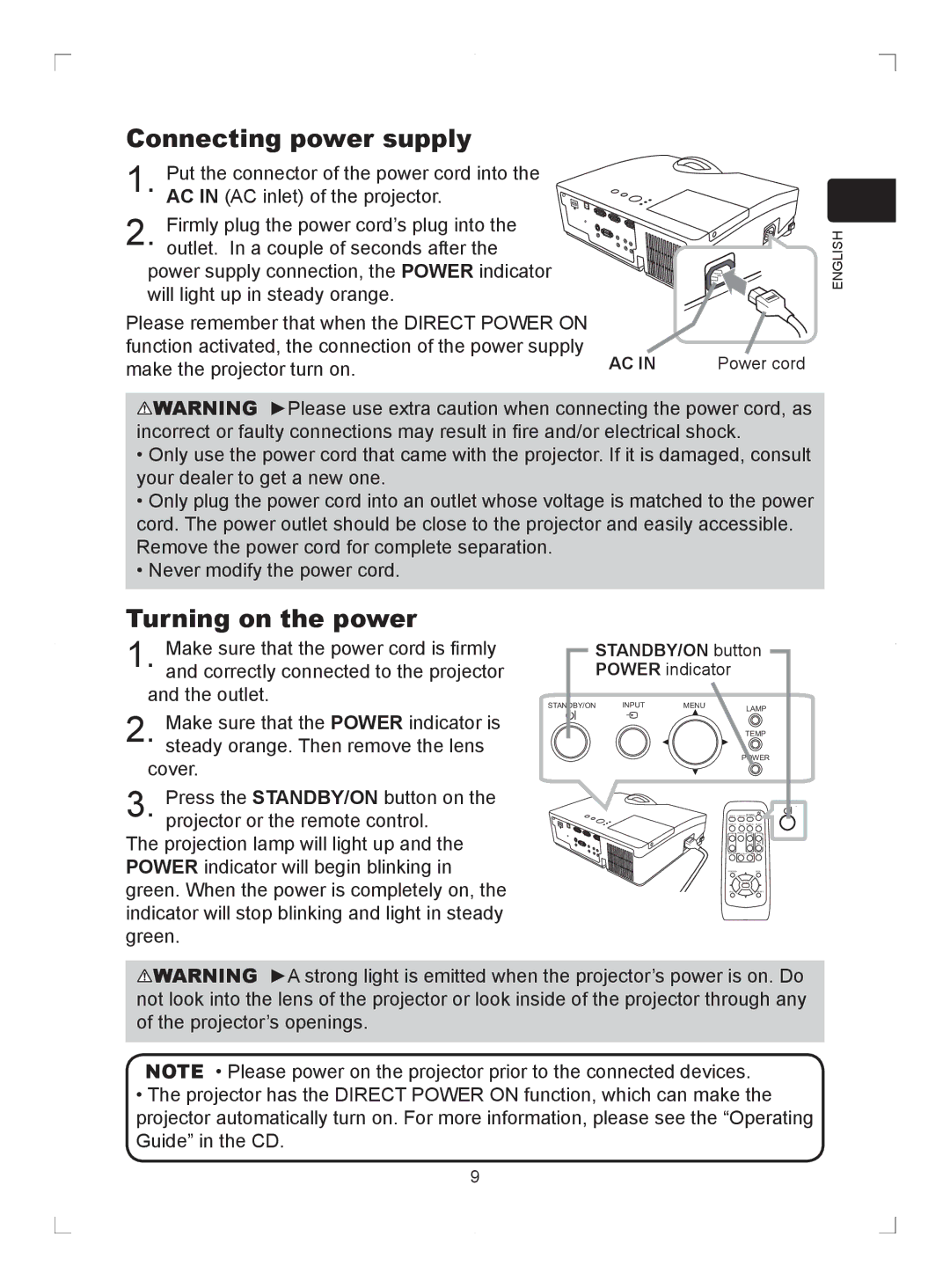 Hitachi ED-D11N user manual Connecting power supply, Turning on the power 