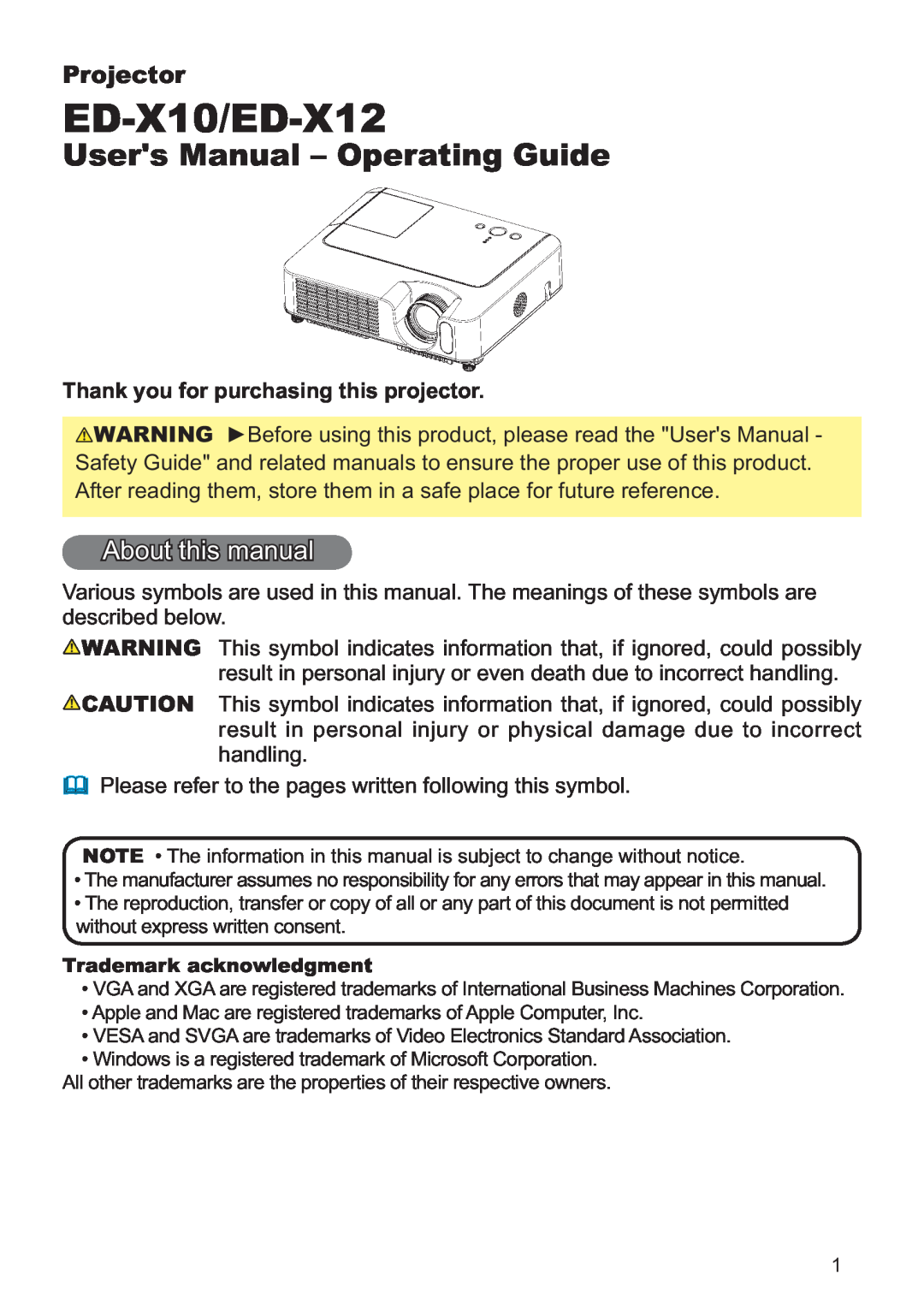 Hitachi user manual ED-X10/ED-X12, Users Manual – Operating Guide, About this manual, Projector 