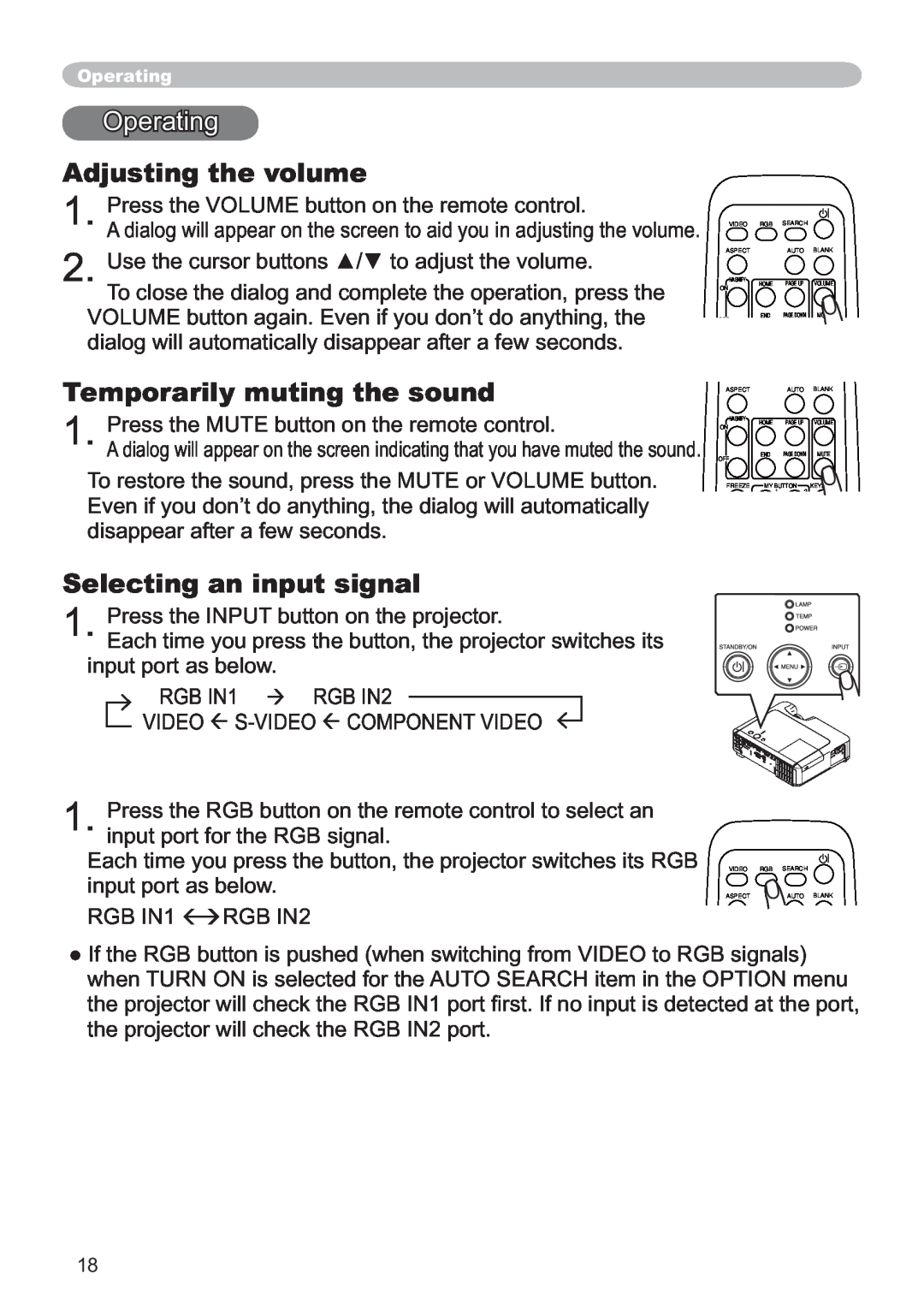 Hitachi ED-X12 user manual Operating, Adjusting the volume, Temporarily muting the sound, Selecting an input signal 