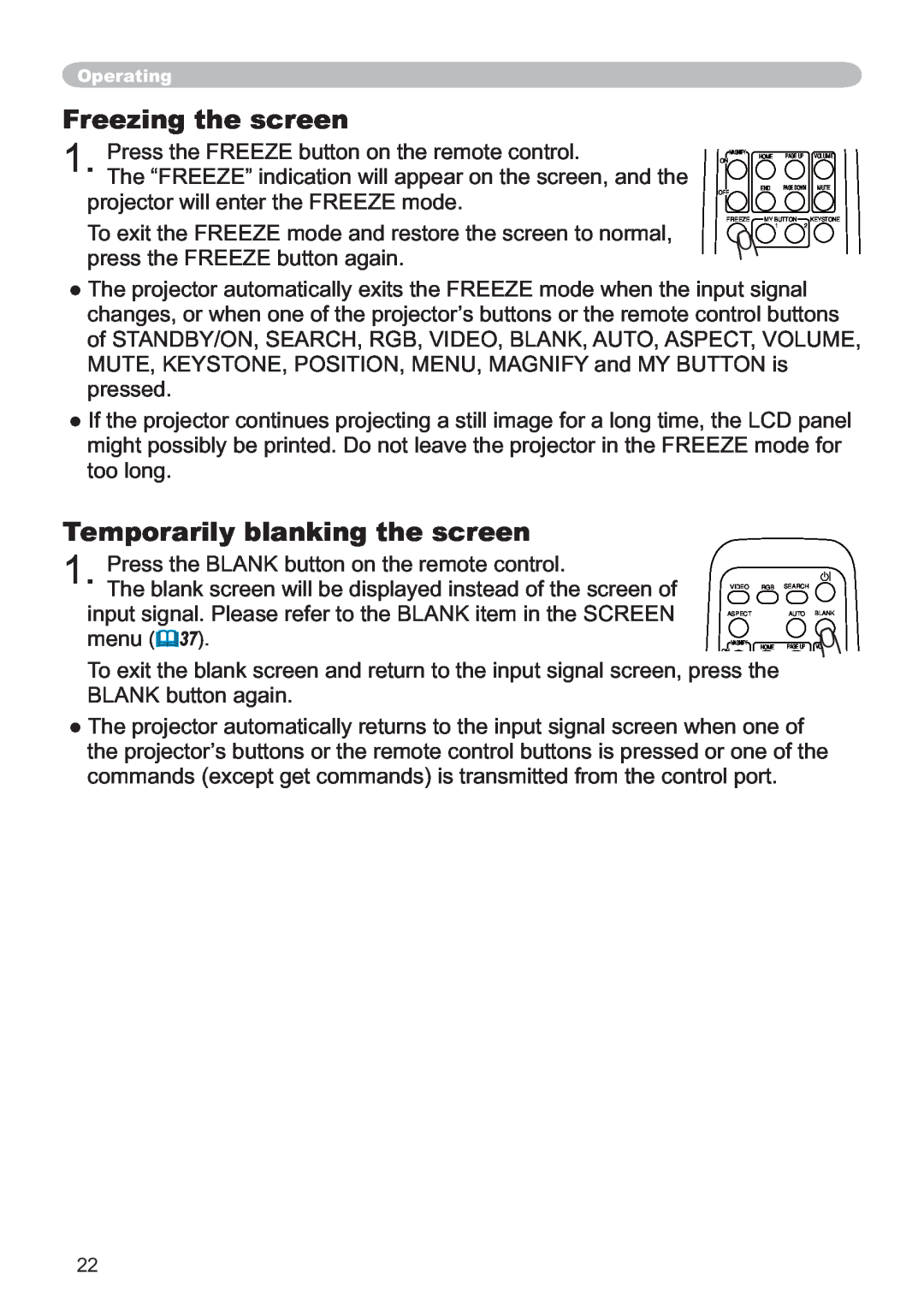 Hitachi ED-X12 user manual Freezing the screen, Temporarily blanking the screen 