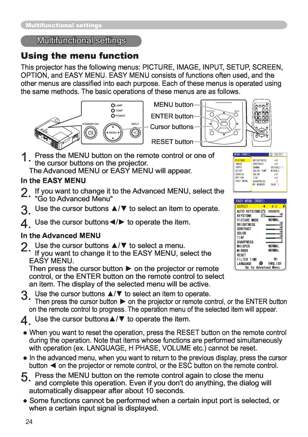 Hitachi ED-X12 user manual Multifunctional settings, Using the menu function, In the EASY MENU, In the Advanced MENU 
