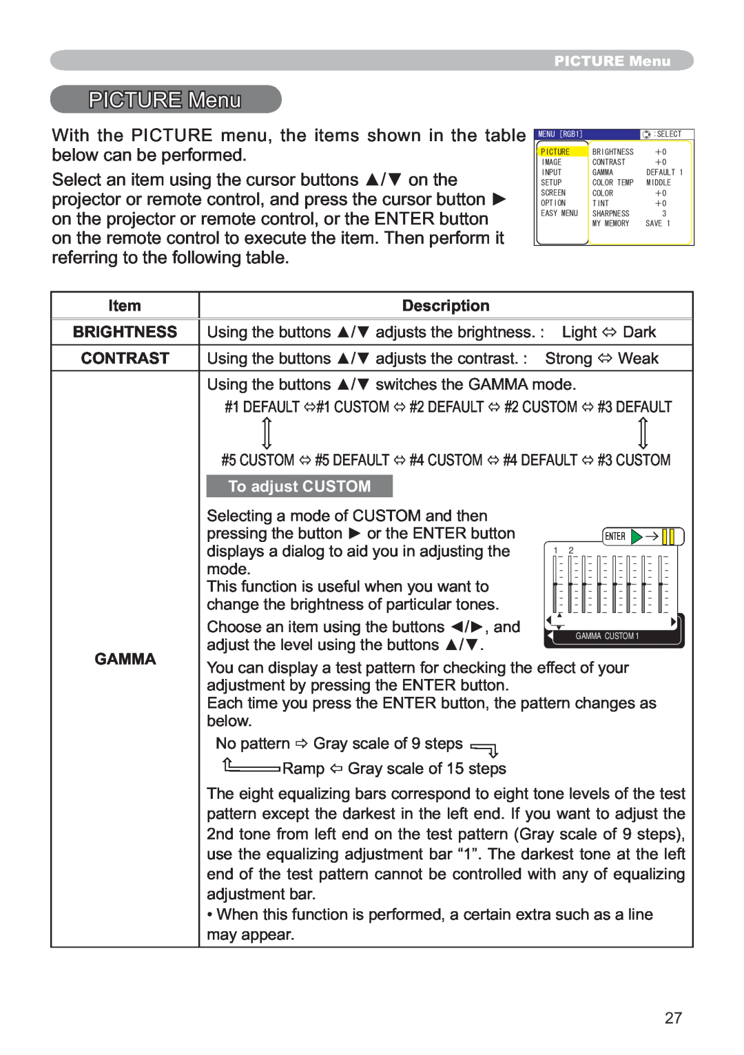 Hitachi ED-X12 user manual PICTURE Menu, Item, Description, Brightness, Contrast, To adjust CUSTOM, Gamma 