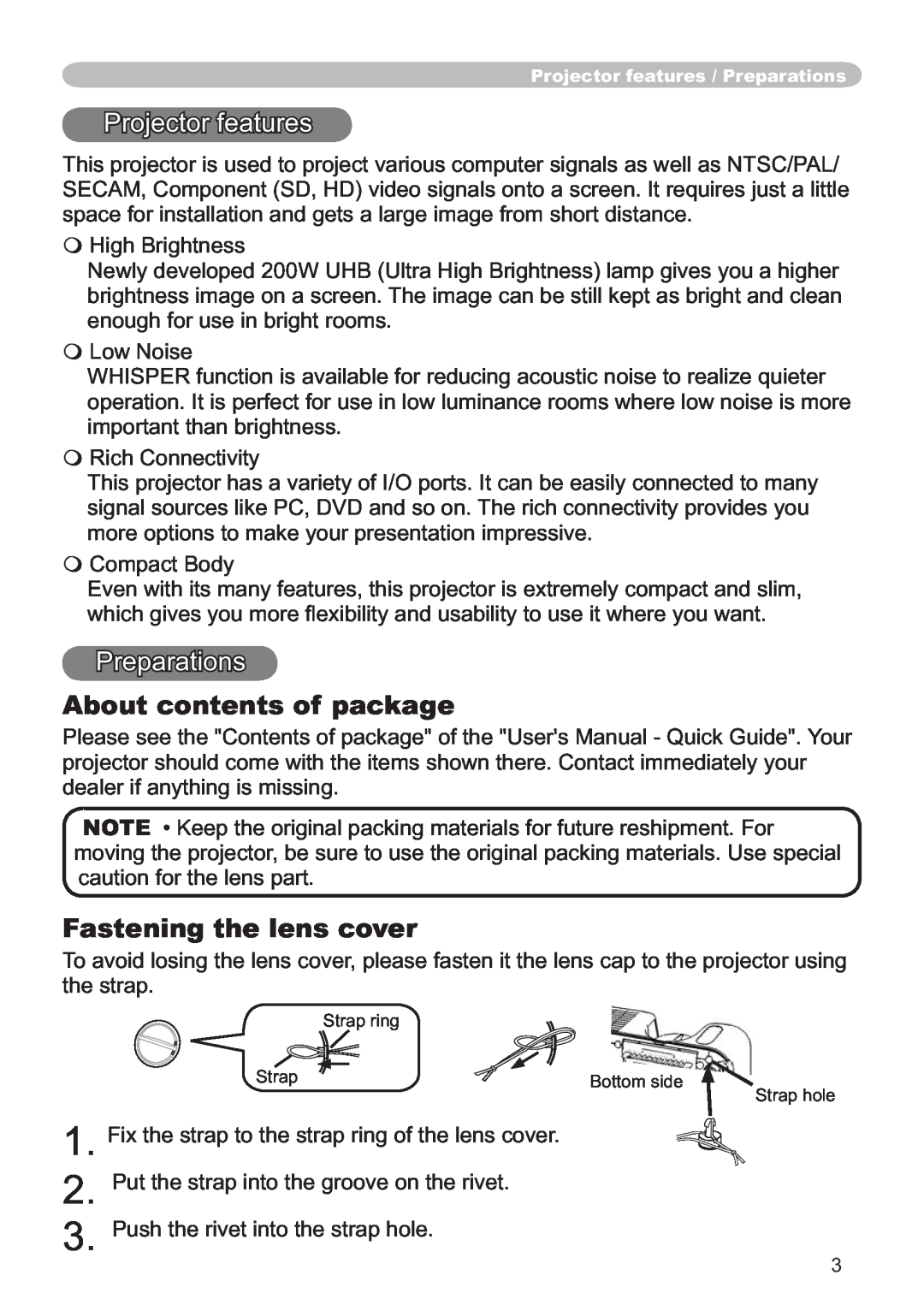 Hitachi ED-X12 user manual 1 2, Projector features, Preparations, About contents of package, Fastening the lens cover 