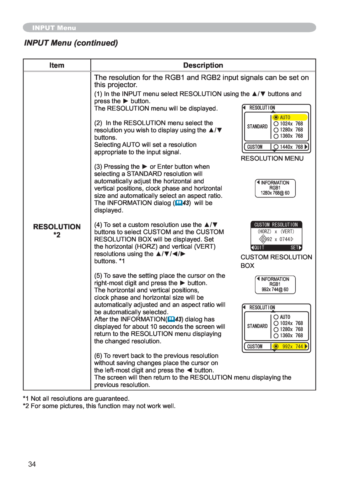 Hitachi ED-X12 user manual INPUT Menu continued, Item, Description, Resolution 