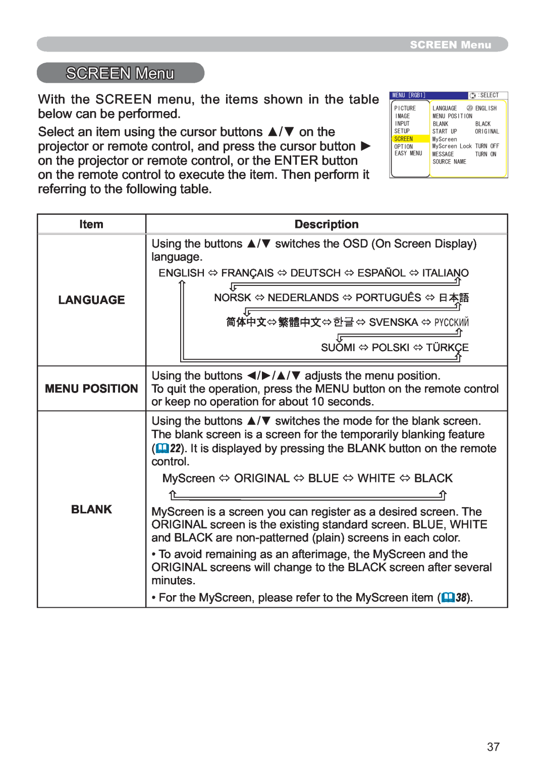 Hitachi ED-X12 user manual SCREEN Menu, Item, Description, Language, Menu Position, Blank 
