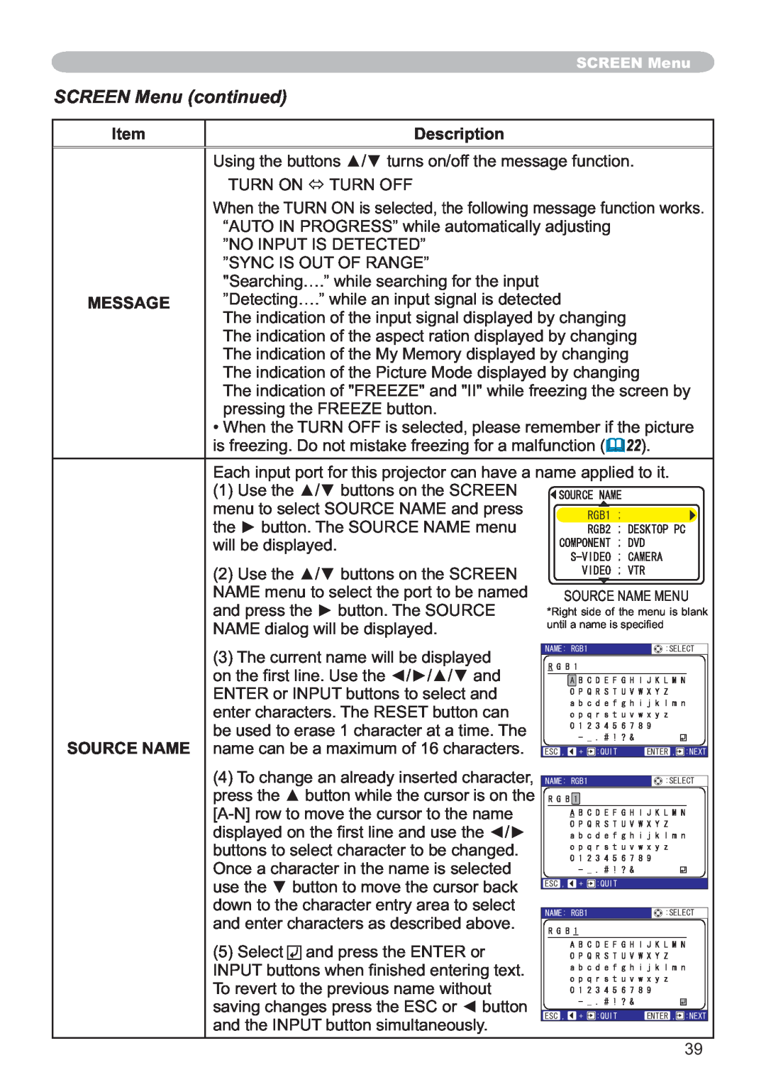 Hitachi ED-X12 user manual SCREEN Menu continued, Item, Description, Message 
