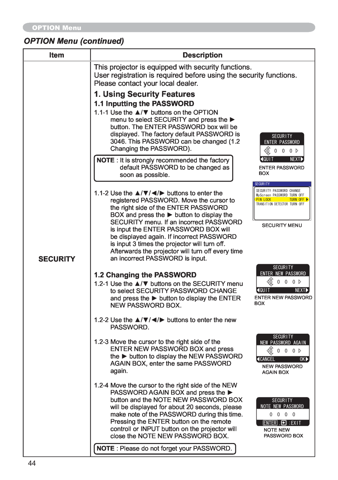 Hitachi ED-X12 user manual Using Security Features, OPTION Menu continued, Item, Description, Inputting the PASSWORD 