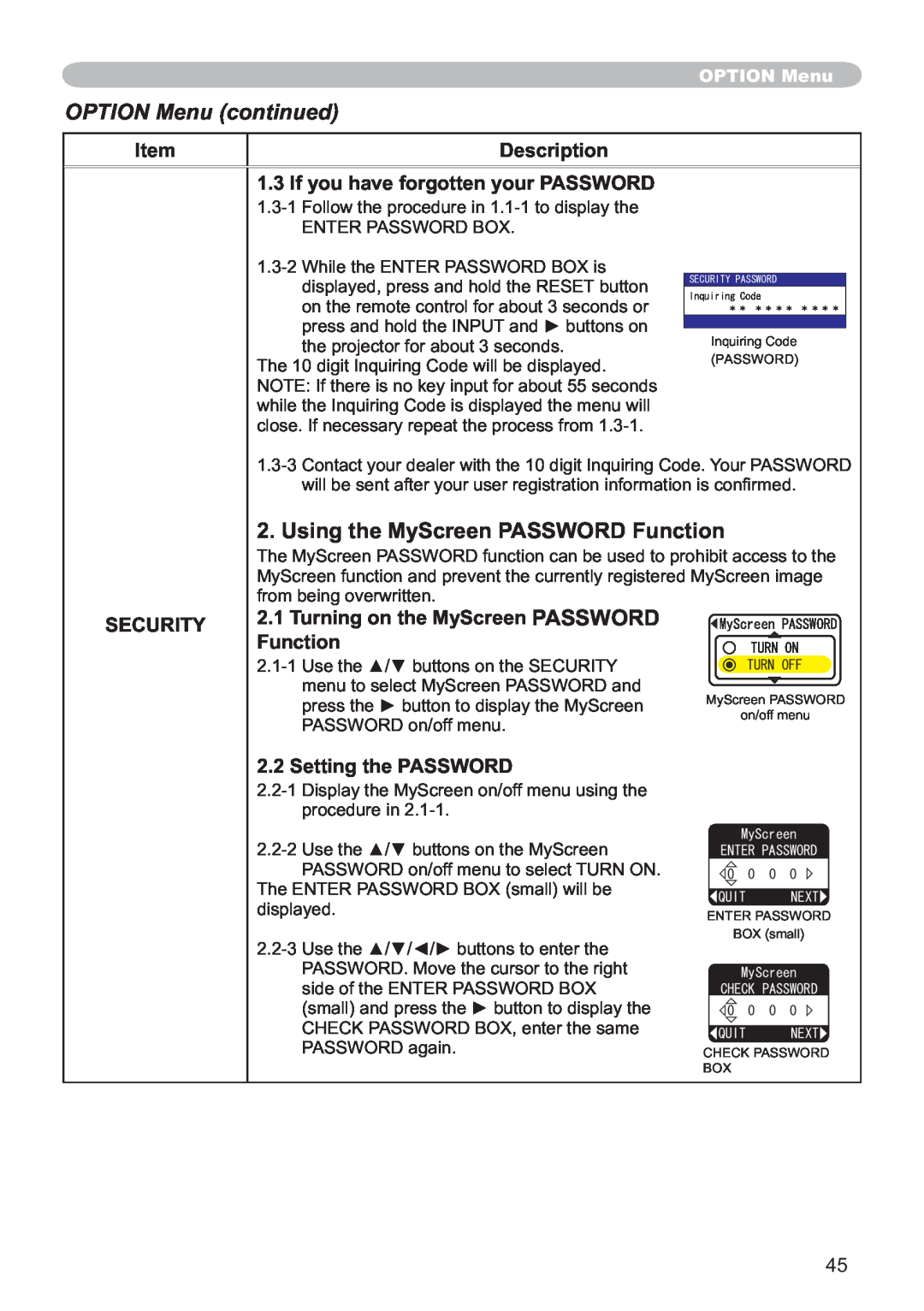 Hitachi ED-X12 user manual Using the MyScreen PASSWORD Function, OPTION Menu continued, Item, Description, Security 
