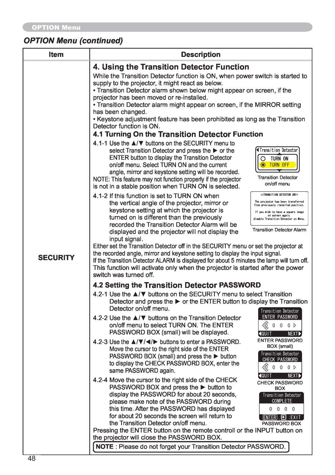 Hitachi ED-X12 user manual Using the Transition Detector Function, OPTION Menu continued, Item, Description, Security 