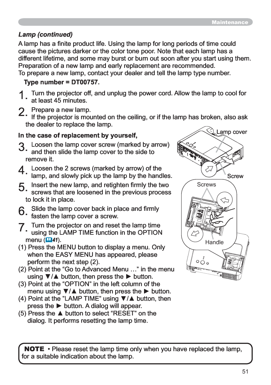 Hitachi ED-X12 user manual Lamp continued, Type number = DT00757, In the case of replacement by yourself 