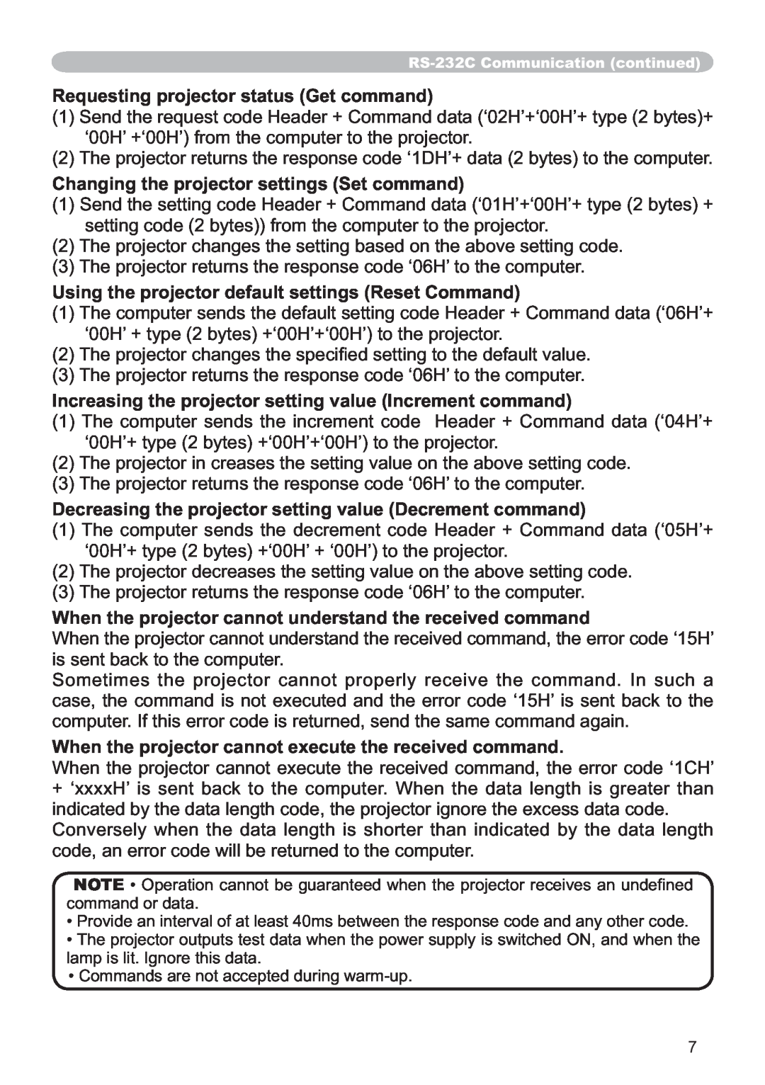 Hitachi ED-X12 user manual Requesting projector status Get command, Changing the projector settings Set command 