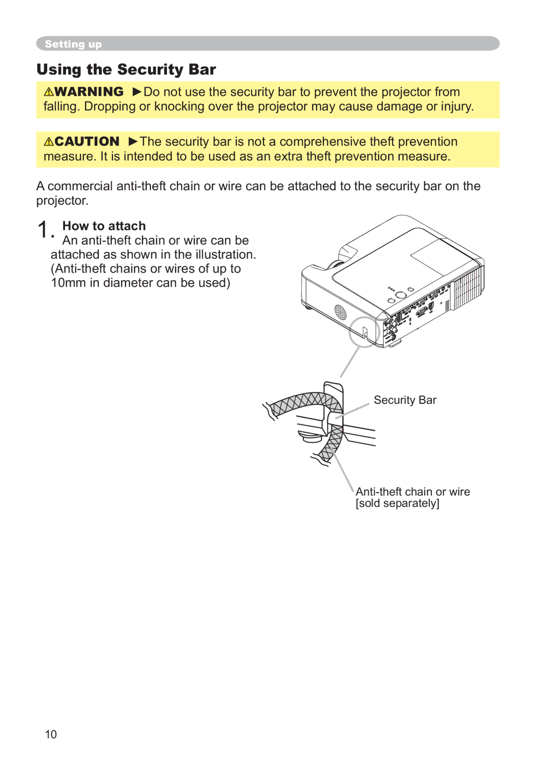 Hitachi ED-X12 user manual Using the Security Bar, How to attach, Security Bar Anti-theft chain or wire sold separately 