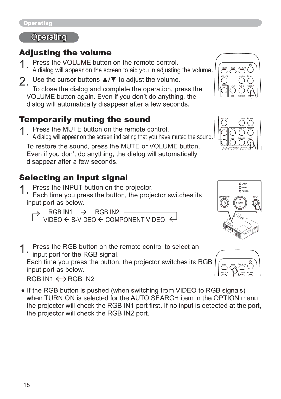 Hitachi ED-X12 user manual Operating, Adjusting the volume, Temporarily muting the sound, Selecting an input signal 